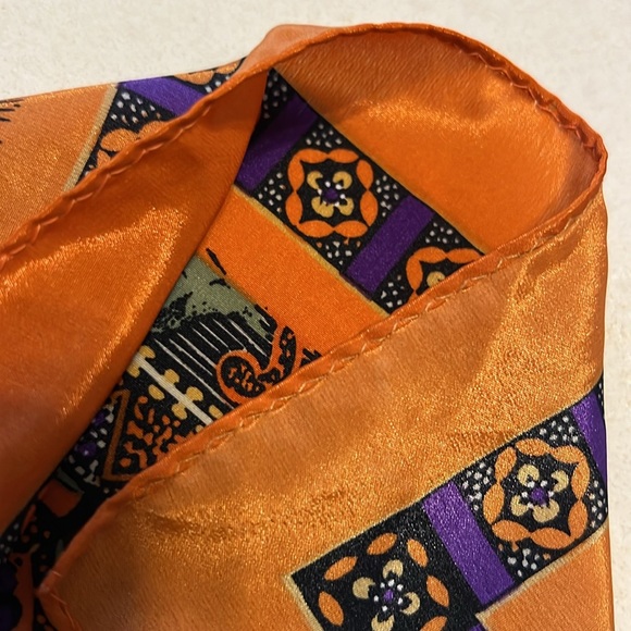 Square Silk Scarf 31” x 31” Orange / Purple Floral & Paisley Design - Picture 10 of 12
